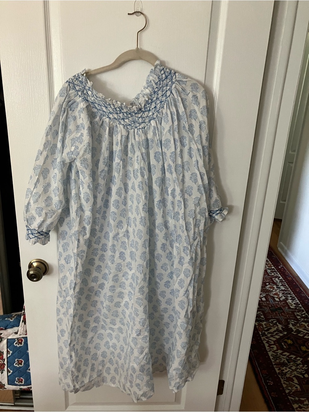 Women’s Blue Paisley Smocked Nightgown - Classic Cotton Sleepwear